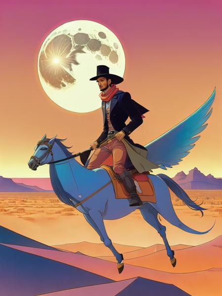 00701-1631130301-a man riding on the back of a flying bird in the desert with a moon in the background by Moebius Jean Giraud.png